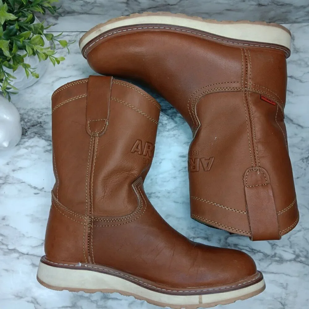 ARCO MEN'S WORK BOOTS ROUND TOE GENUINE LEATHER PULL ON SOFT TOE LIGHT BROWN 7